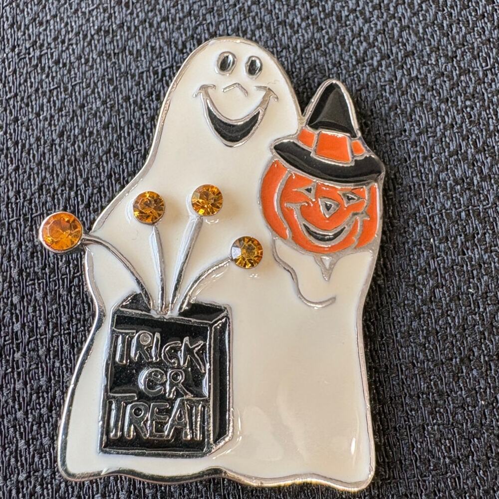 Monet Halloween Ghost Pumpkin Trick or Treat Enamel Brooch Pin